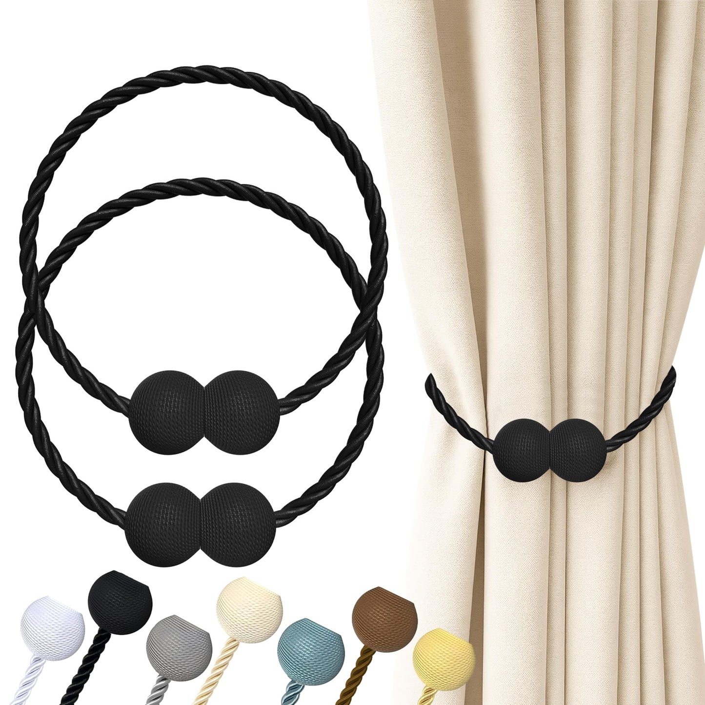 Hion Magnetic Curtain Tiebacks Black 2pcs, Curtain Holdbacks Hooks Holders