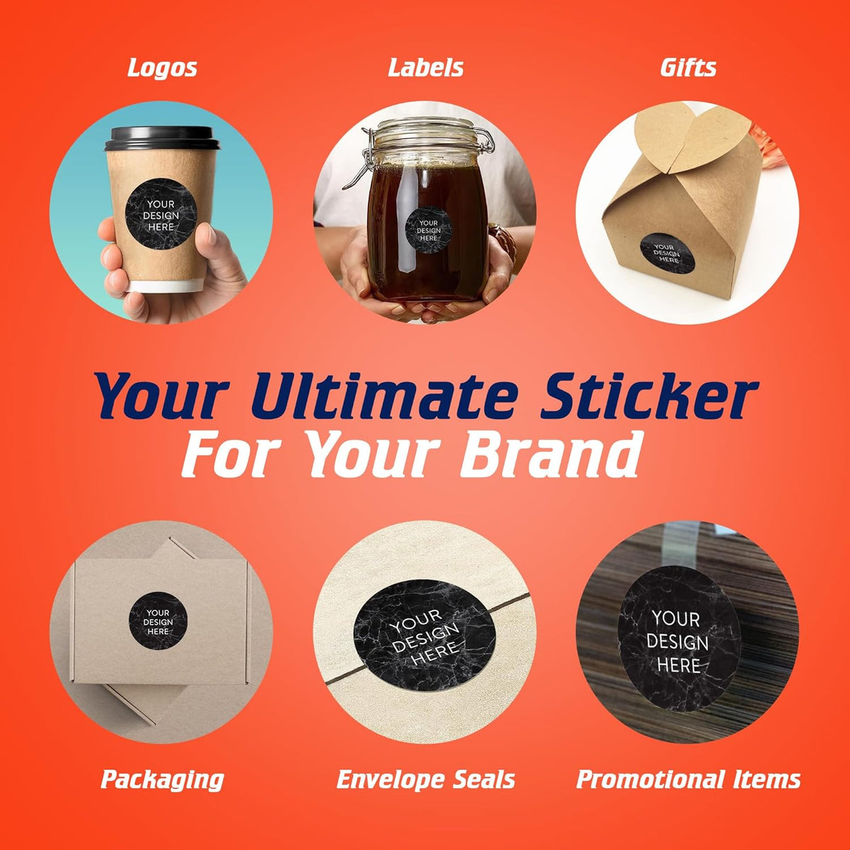 100 Custom Vinyl Stickers - Upload Your own Image, Text, Design, Logo - Personalized Logo Labels for Handmade, Packaging, Bottle, Jars, Candle, Brand Stickers (Black Marble, 1.5x1.5)