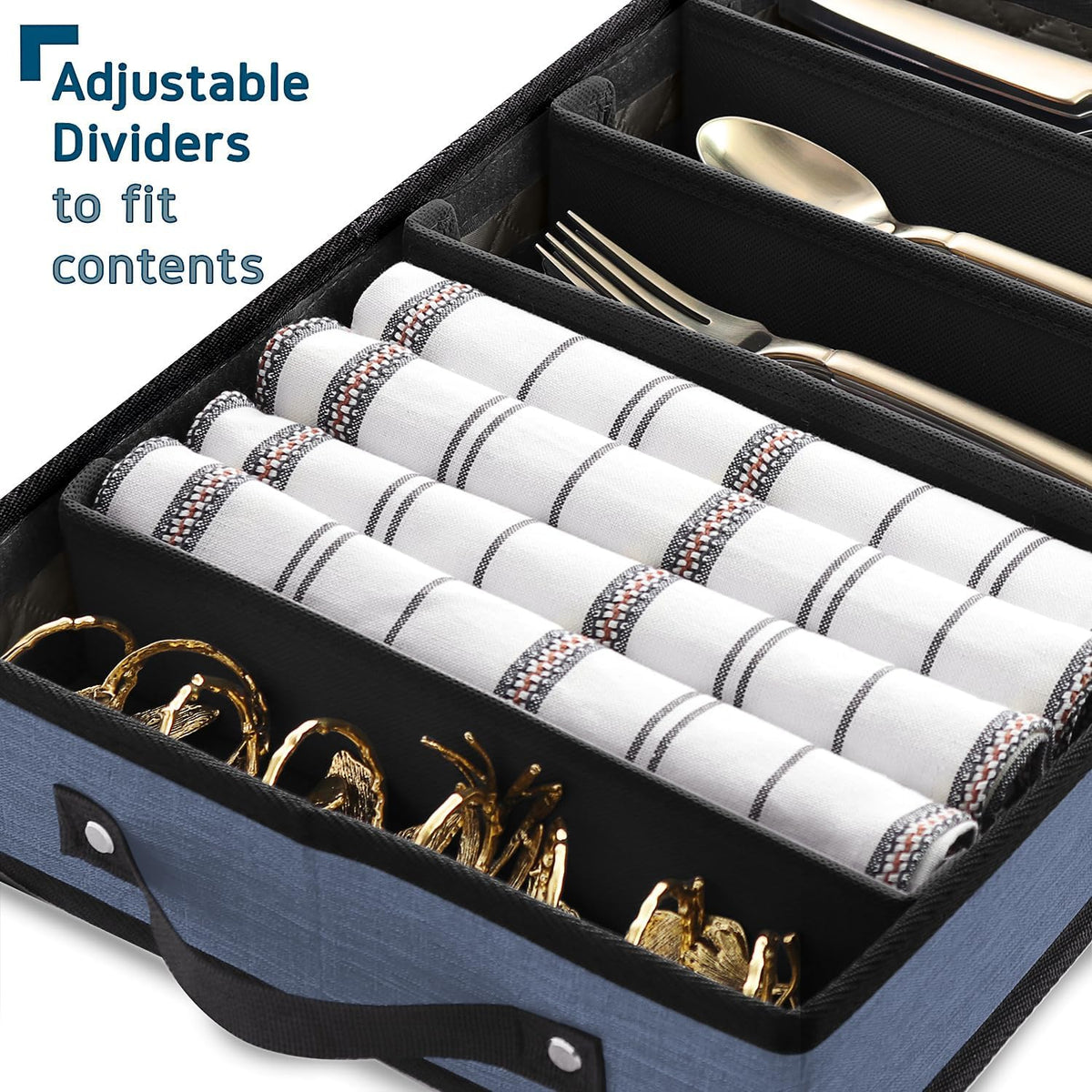 Flatware & Utensil Storage, Durable Silverware Storage Box with Padded Dividers, 5 Compartment Flatware Storage Case, Silverware Case with Handles, Protects and Organizes Cutlery, Blue