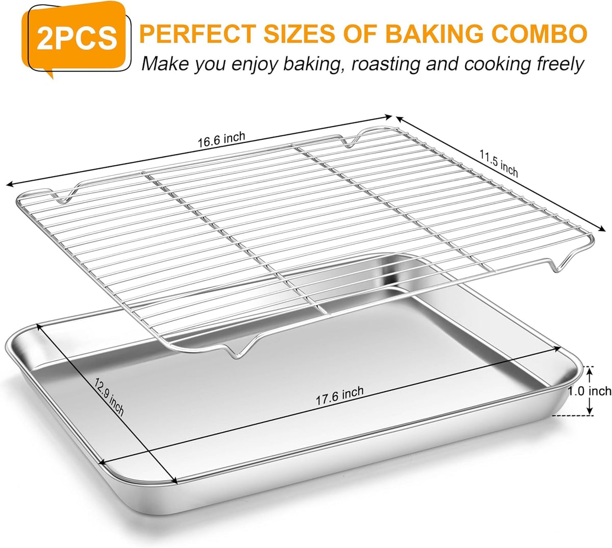 Homikit Baking Sheet Pan with Rack Set, 18" x 13" Nonstick Half Cookie Sheets for Baking Cooking Tray with Wire Cooling Rack, Stainless Steel Bakeware Bacon Pans for Oven Toaster, Dishwasher Safe