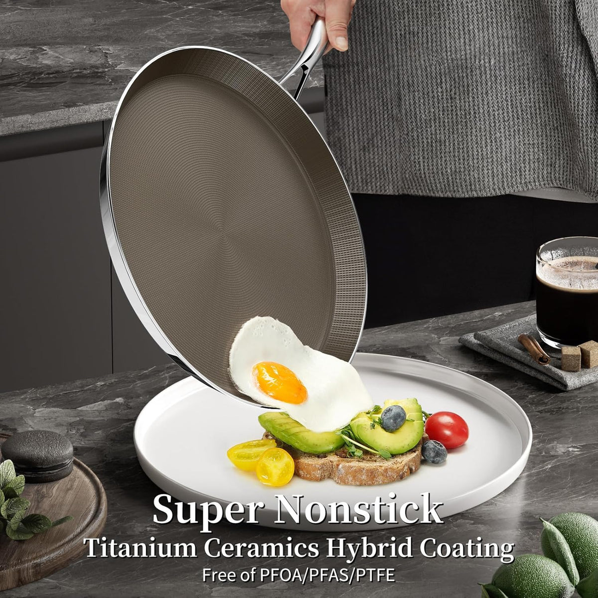 12 Inch Stainless Steel Crepe Pan - Titanium Ceramic Nonstick Crepe Pan, Stainless Steel Dosa Pancake Pan, Non Stick Flat Skillet Tawa Dosa Tortilla Griddle Pan, Induction Compatible, PFAS&PTFE Free