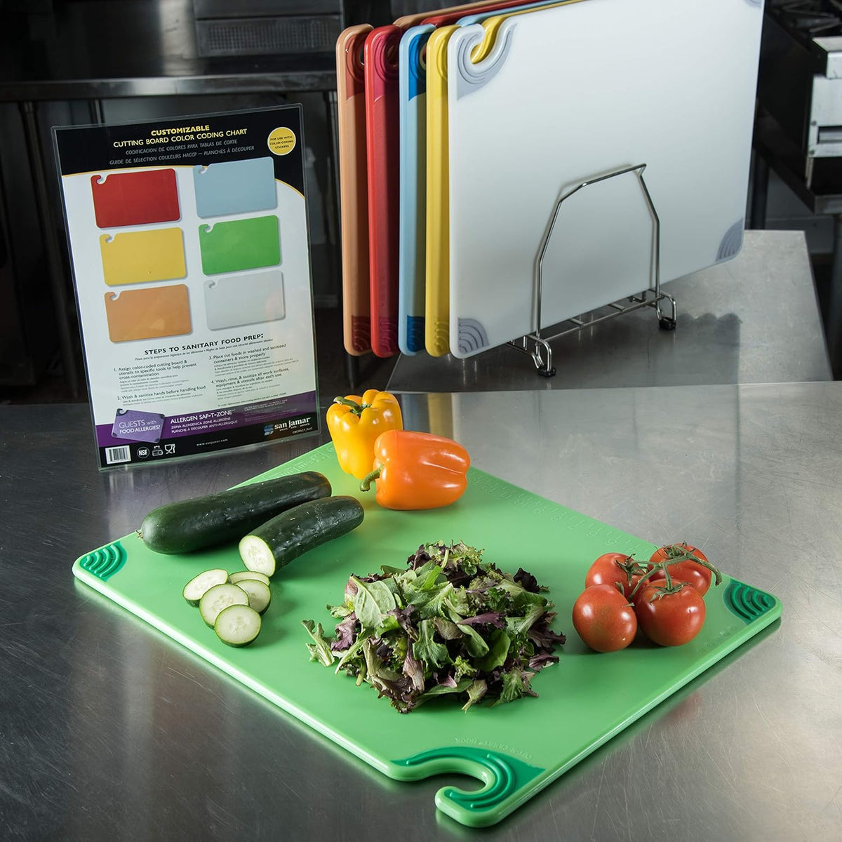 San Jamar Saf-T-Grip Plastic Cutting Board With Safety Hook, 18" x 24" x 0.5", Assorted Colors, (Set of 6)