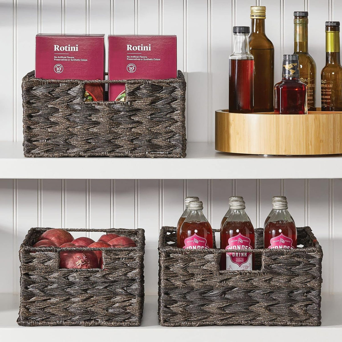 mDesign Woven Farmhouse Kitchen Pantry Food Storage Organizer Basket Box - Container Organization for Cabinets, Cupboards, Shelves, Countertops, Store Potatoes, Onions, Fruit, 6 Pack, Espresso Brown