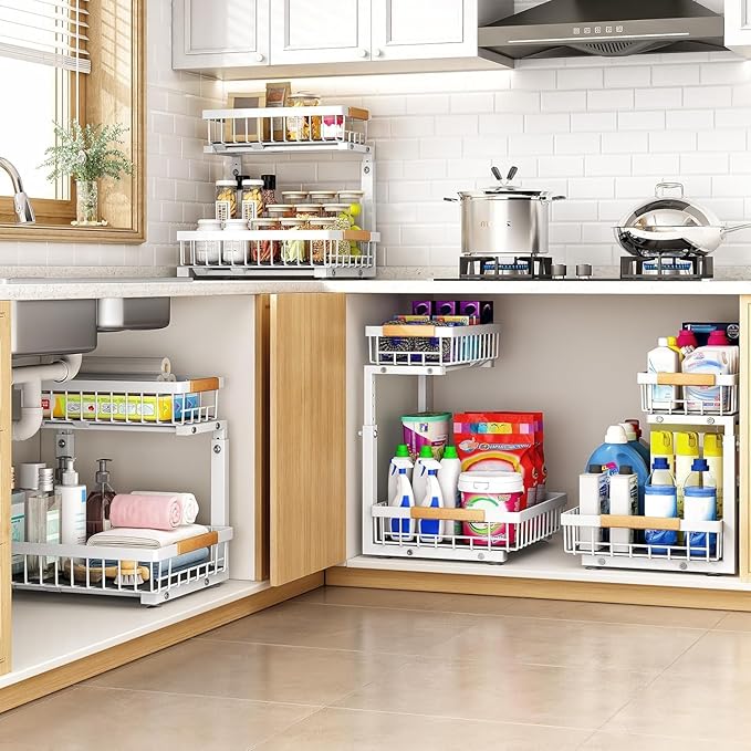 PXRACK 2 Pack Under Sink Organizer,Adjustable Height,2 Tier Pull Out Under Cabinet Organizer,Slide Out Thickened Metal Under Sink Storage for Kitchen Bathroom Laundry Cabinet Pantry,White