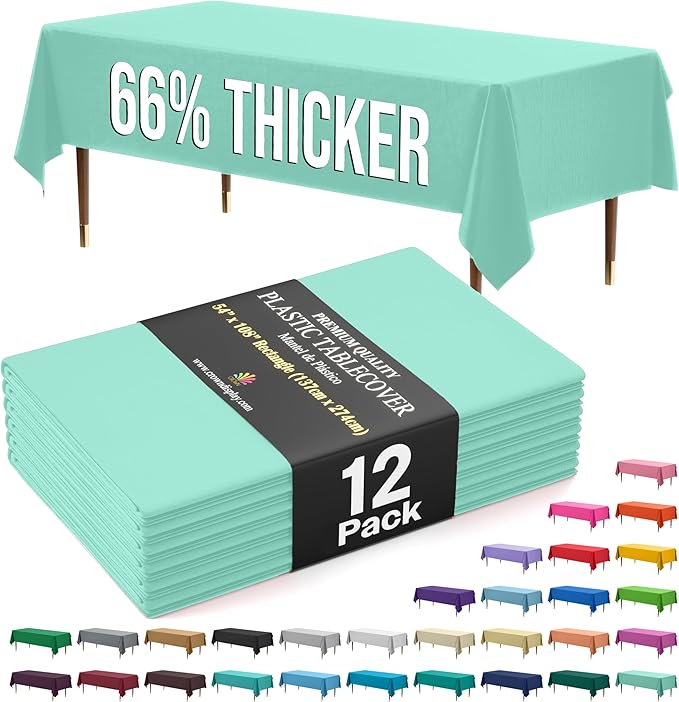 Exquisite 66% Thicker Premium Plastic Table Cloth Rectangle Table Cover 0.5 Mil 12 Pack Mint Table Cloth 54 Inch x 108 Inch Disposable Tablecloth Won't Tear Easily Like Cheap Thin Brands