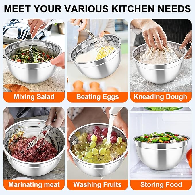 TeamFar Mixing Bowls with Airtight Lids, 5PCS Stainless Steel Metal Salad Bowl with 3 Grater Attachments, for Cooking, Prepping, Serving, Healthy & Easy Clean - 0.7/1/1.5/2.6/4.6QT, Black