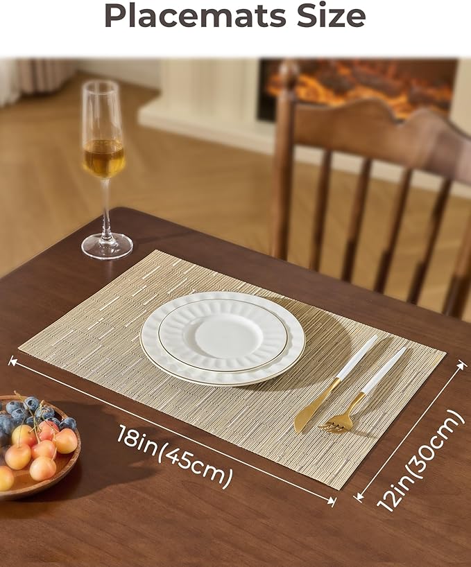 Leetaltree Light Brown Placemats Set of 6 - Heat Resistant Non-Slip Place mats for Dining Table, Washable Durable PVC Vinyl Woven Table Mats（Light Brown, 6）