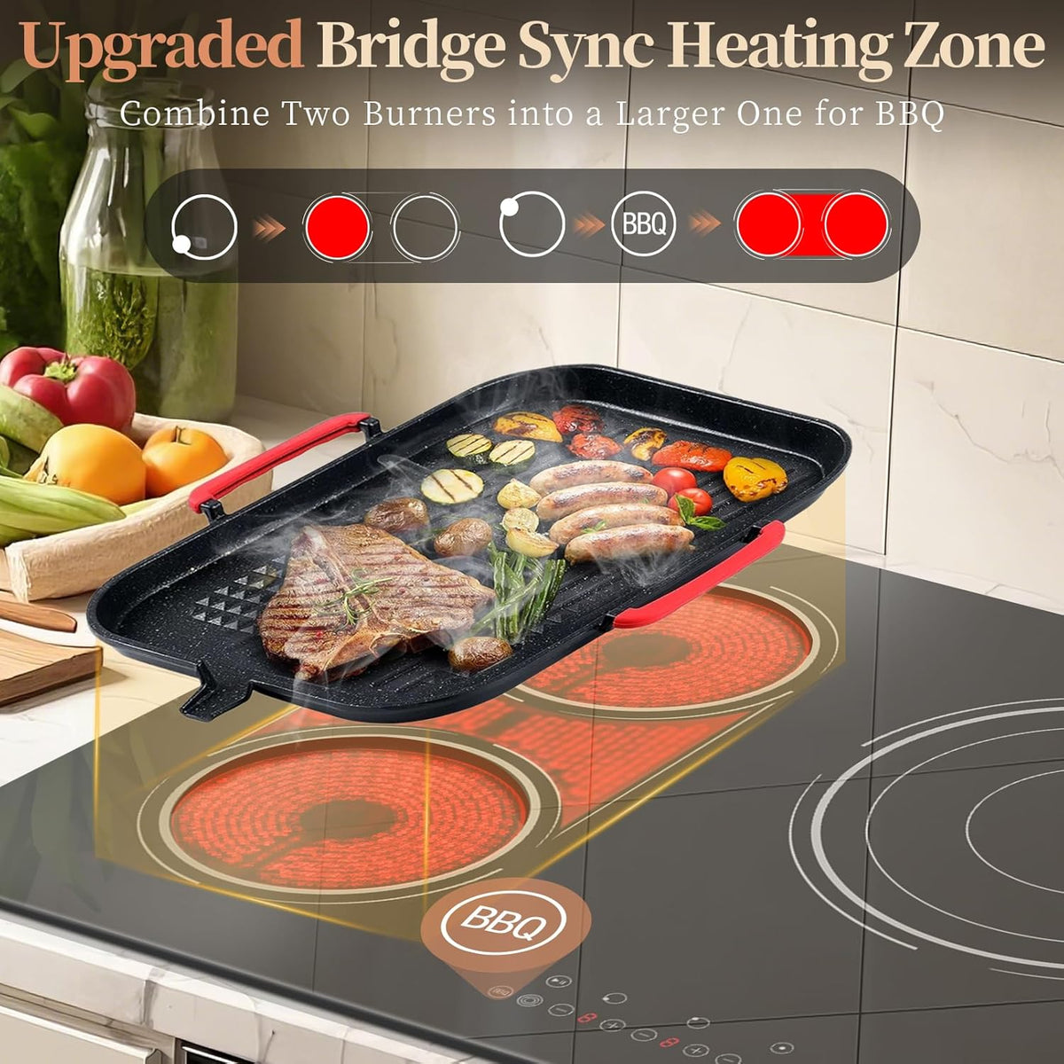 36 Inch Electric Cooktop - 5 Burner Electric Stove Top Powerful 9600W, 36 Inches Built-in Ceramic Stove with Large 3900W Flexible Zone, Timer, Safety Lock, 220V - 240V Hard Wired (No Plug)