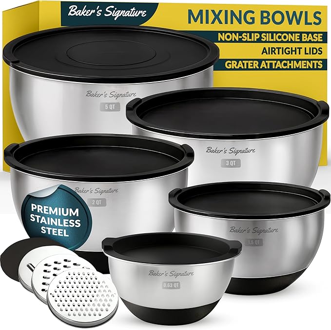 Baker's Signature Stainless Steel Mixing Bowls with Lids Set, 5 Sizes, 3 Graters, Non-Slip Base, Airtight Lids, Metal Mixing Bowls for Kitchen, Food Prep, Storage, 0.63QT-5QT, Black