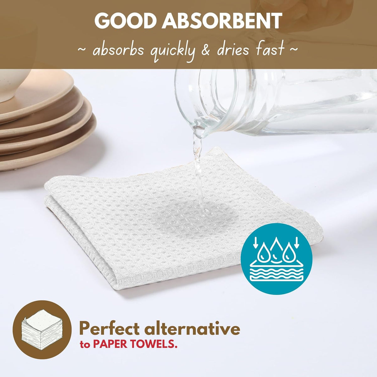 Native Fab Cotton Kitchen Towel with Hanging Loop 16x26 inches, 6-Pack, Waffle Weave Kitchen Towels for Cleaning Drying, Washcloths Soft & Absorbent Cloth Rags, Bar Towel, Dish Cloth, White