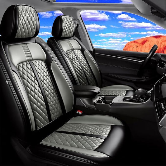 Car Seat Covers for Select Honda Fit 2007-2020, Premium Full Coverage Leather, Airbag Compatible& Scratch-Resistant, Waterproof & All Weather Breathable Seat Protector, Full Set, Black+Gray