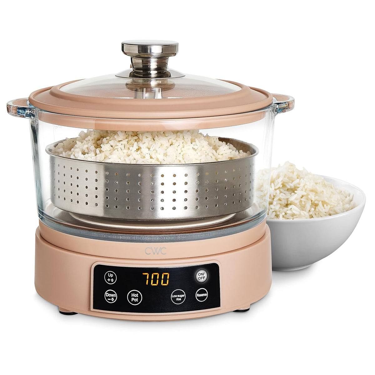 COOK WITH COLOR 3L Glass Low Carb Rice Cooker - Makes 6 Cups Cooked Low Sugar Rice with Auto Lift Filter Basket, Hotpot & Steamer for Rice, Grains and Oats, Digital Panel with Keep Warm, Blush