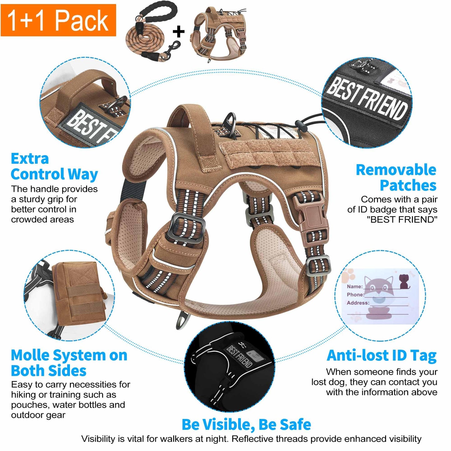 Beebiepet Heavy Duty Tactical Dog Harness for Small Dogs, No Pull Adjustable Pet Harness Reflective Service Training Easy Control Pet Vest Military K9 Working Dog Harnesses- Large, Brown