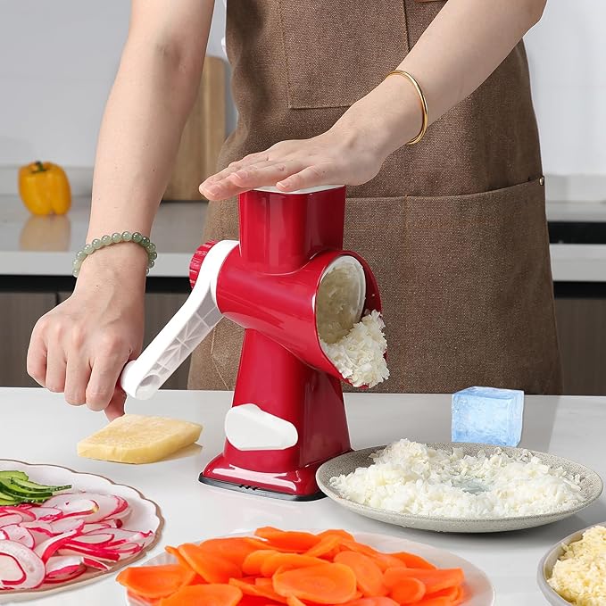 Rotary Cheese Grater with Handle, Multifunctional Kitchen tool, Stainless Steel Rotary Grater Slicer for Fruit, Vegetables, Nuts (Red)