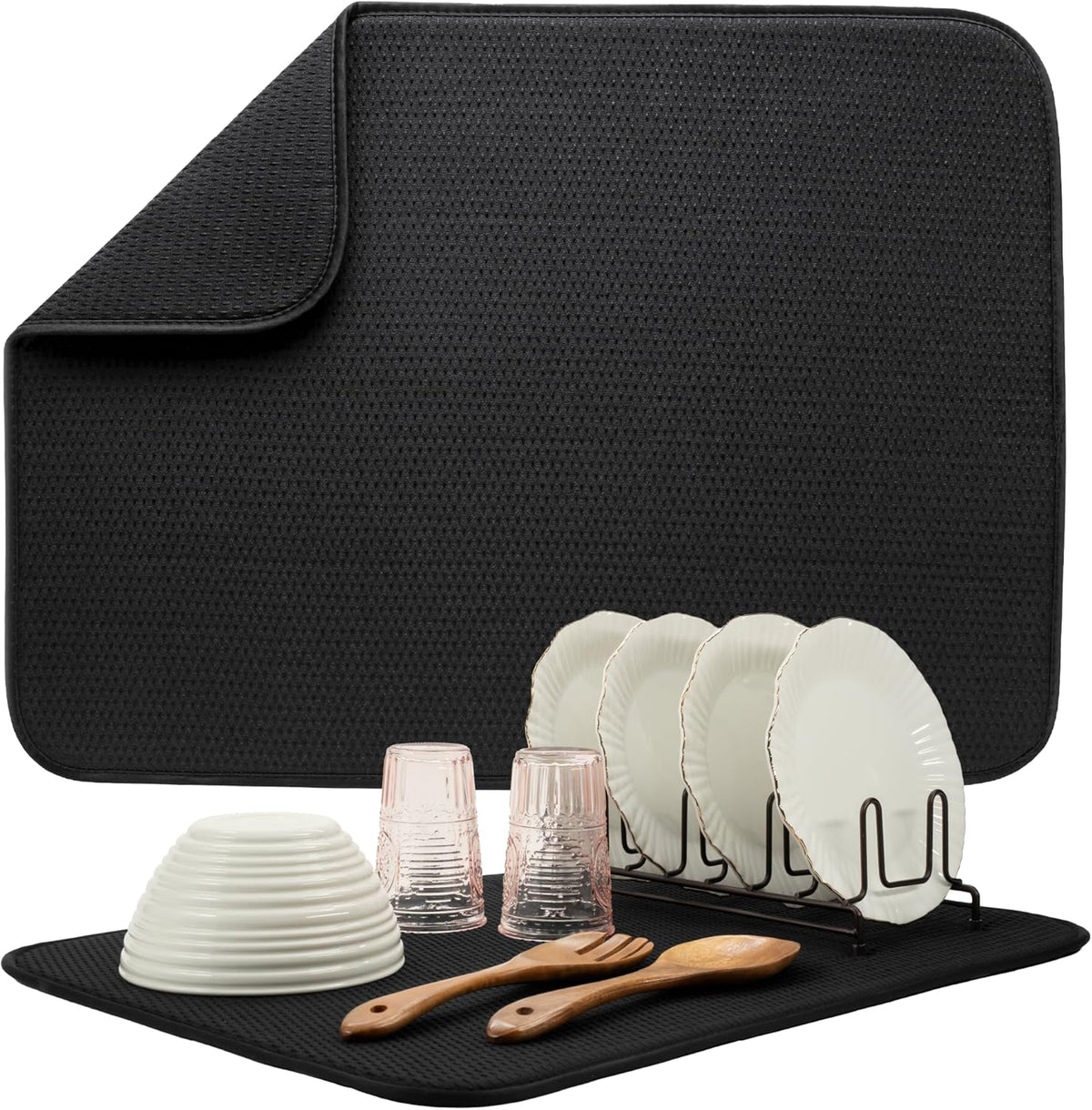 S&T INC. Dish Drying Mat XL, 18” x 24”, Absorbent Microfiber Kitchen Counter Mat, Drying Pad for Dishes, Utensils, Pots and Pans, Extra Large, Diamond Texture, Black
