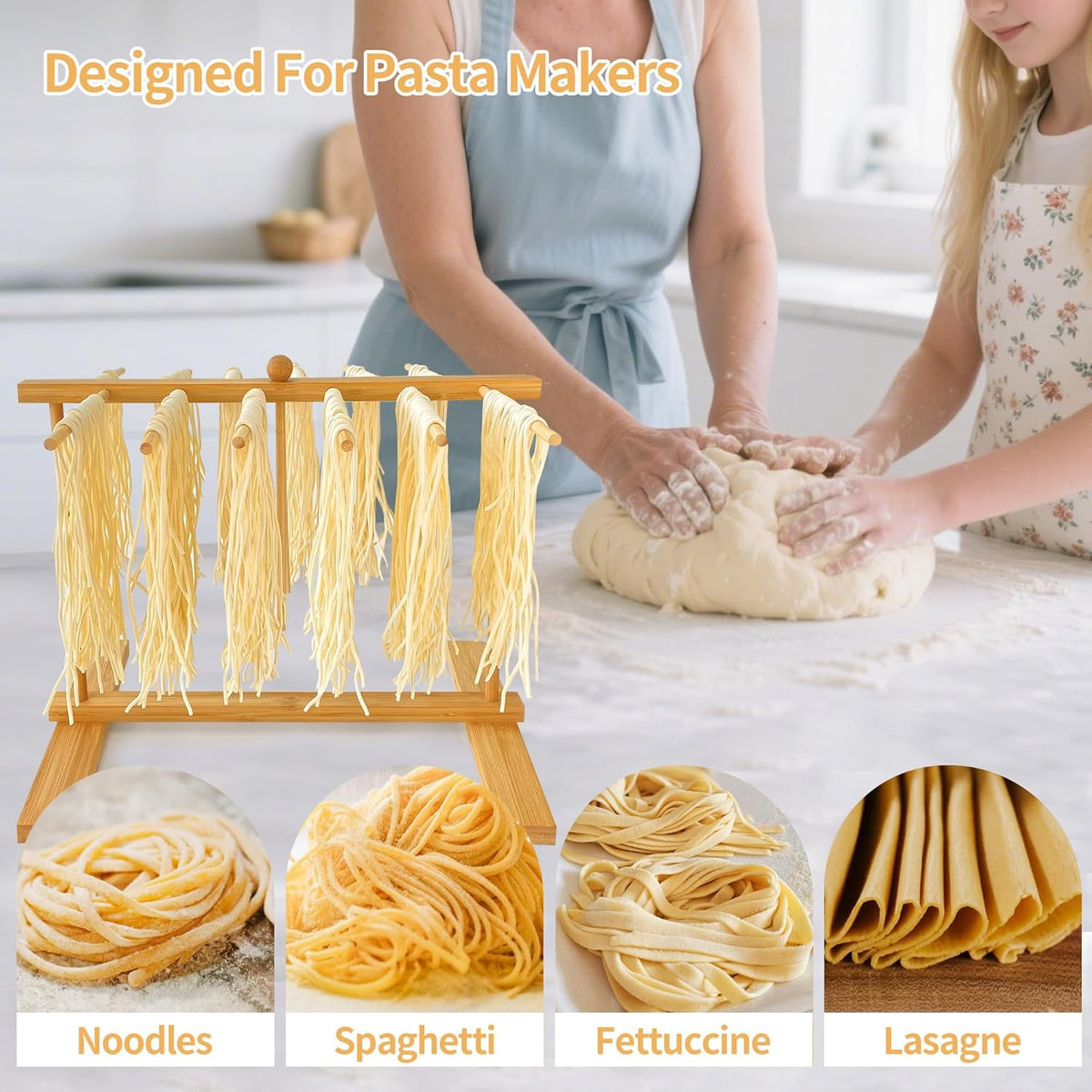 Bamboo-Pasta-Drying-Rack With Transfer Wand & 14 Arms, Large Tall Collapsible Fresh Pasta Dryer Holder For Homemade Noodle, Spaghetti, Tagliatelle, Detachable Fettuccine Hanger Stand With 14 Bars