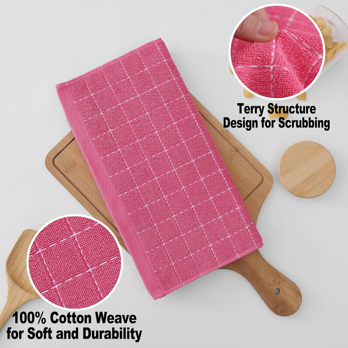 Homaxy 100% Cotton Terry Kitchen Dish Cloths, Ultra Soft and Absorbent Dish Towels for Kitchen, Suitable for Drying and Washing Dishes, 8 Pack, 12 x 12 Inches, Rose Red