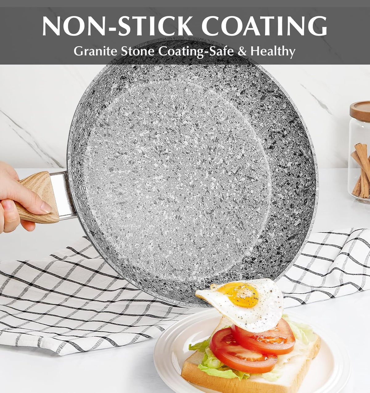 KOCH SYSTEME CS Nonstick Frying Pan with Lid, 12 Inch Grey Granite Frying Pan with Non-toxic Nonstick Coating, Aluminum Skillet with Heat-resistant Bakelite Handle, Induction Compatible, Oven Safe