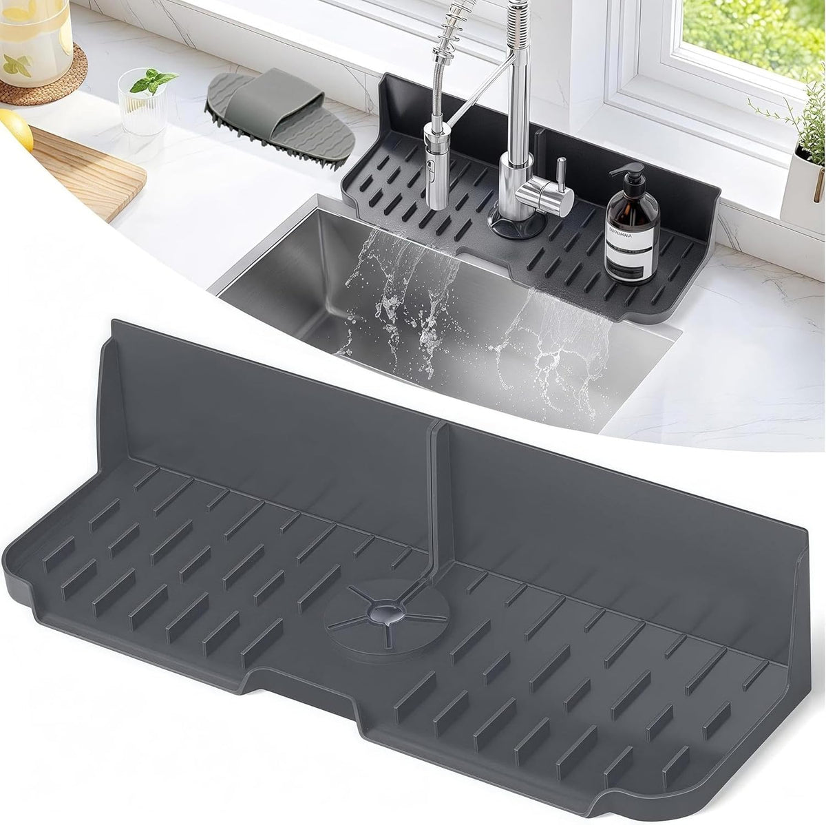 Kitchen Sink Splash Guard，Sink Draining Pad Behind Faucet，Faucet Mat for Kitchen Sink，Comes with a Silicone Brush for Cleaning Drying Mat for Countertop Protect