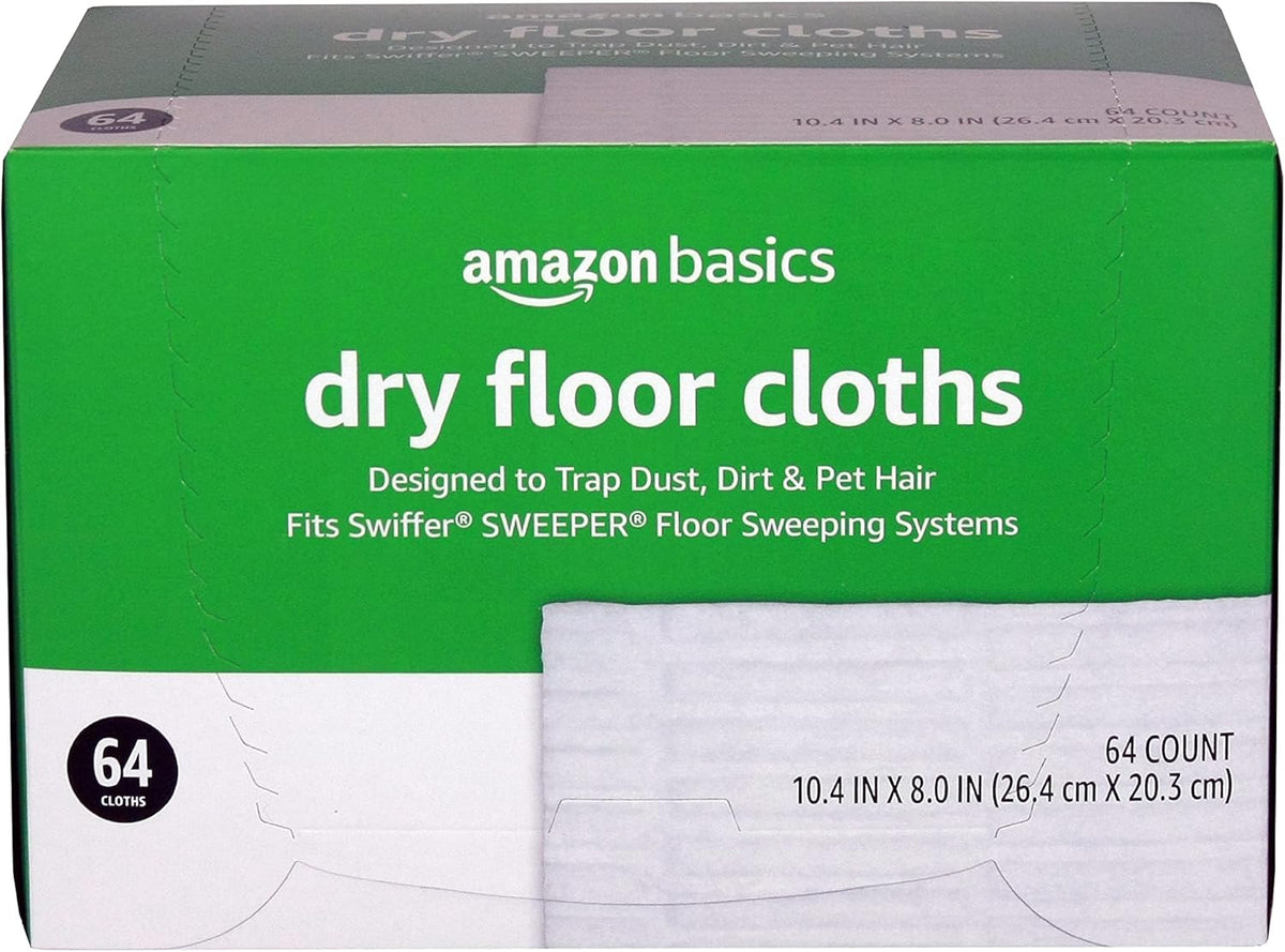 Amazon Basics Dry Sweeping Cloths to Clean Dust, Dirt, Pet Hair, Fits Swiffer Sweeper Mop Heads, 64 Count (Pack of 1)