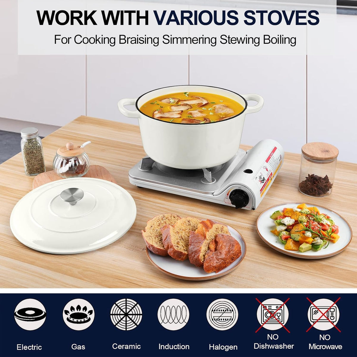 P&P CHEF 6QT Enameled Dutch Oven, Cast Iron Dutch Oven Pot with Lid for Bread Baking, Enameled Casserole Pot for Roasting Braising Stewing Frying Simmering, Various Stoves & Easy Clean, White