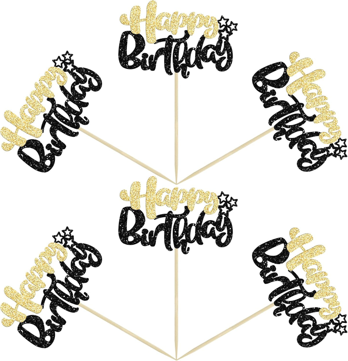 Ephlyn 24Pcs Happy Birthday Cupcake Toppers Double Layer Glitter Happy Birthday Cake Decorations for Celebrating Baby Shower Theme Kids Boys Girls Birthday Party Cake Decorations Supplies Black Gold