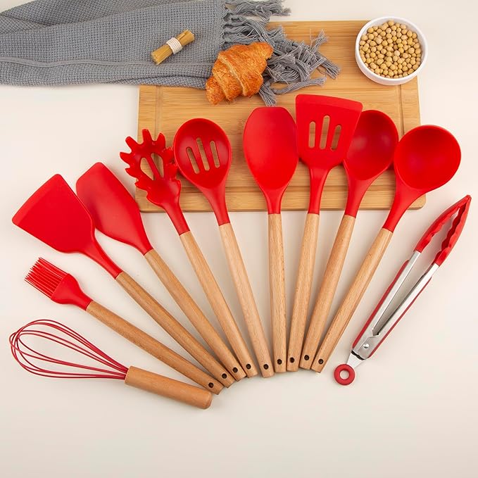 Silicone Cooking Utensils Set, Premium Beech Wood Handle Kitchen Gadgets Utensil Set, Non-Stick Kitchen Utensils Spatula, Tongs, Turner, Whisk, Brush, Spoon, BPA FREE, 446°F Resistant (Red)