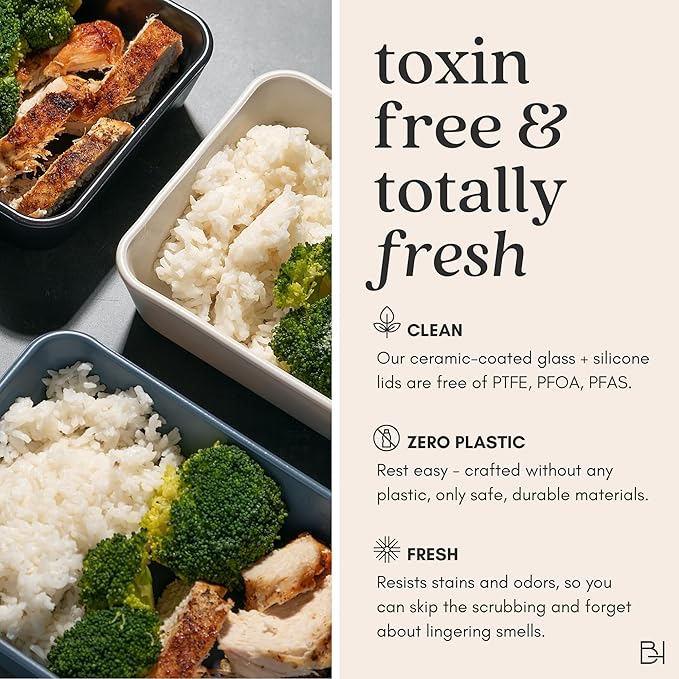 Ceramic Coated Glass Food Storage Container | No PTFE, PFOA, PFAS, and BPA | Reusable Non Toxic Meal Prep Container with Glass Lid | Easy To Store | 6 Cup Rectangle [Pine]
