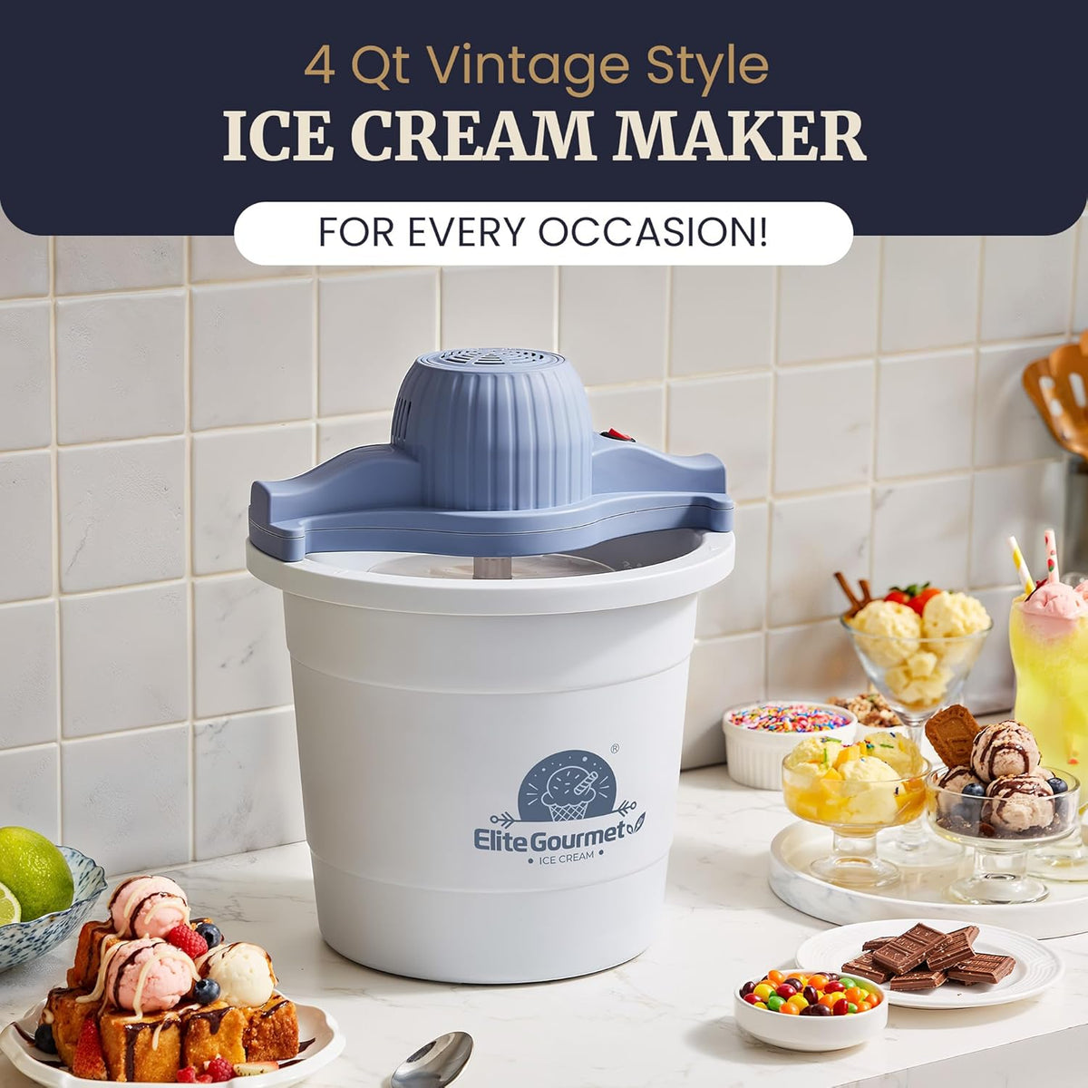 Elite Gourmet 4Qt Electric Ice Cream Maker EIM350X Delicious Homemade Ice Cream, Gelato, Sorbet, Frozen Yogurt, 4Qt Aluminum Freezing Cannister, Durable Plastic Ice Bucket, Powerful 50W, Periwinkle