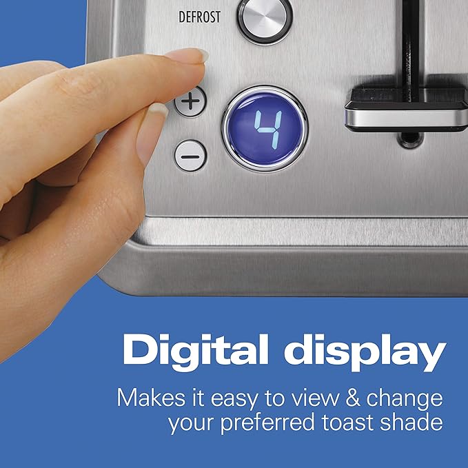 Hamilton Beach 2 Slice Toaster with Extra-Wide Slots, Bagel Setting, Toast Boost, Slide-Out Crumb Tray, Auto-Shutoff & Cancel Button, Digital with Defrost Function, Stainless Steel (22796)