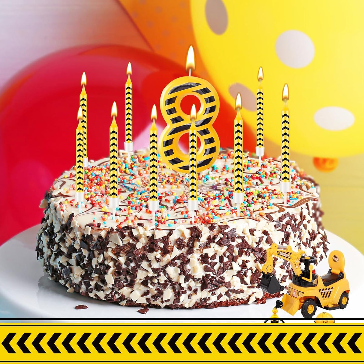 13 Pcs Construction Themed Birthday Candles Set Yellow and Black Number 8 Candle Cake Topper for Construction Party Decoration Supplies (Number 8)