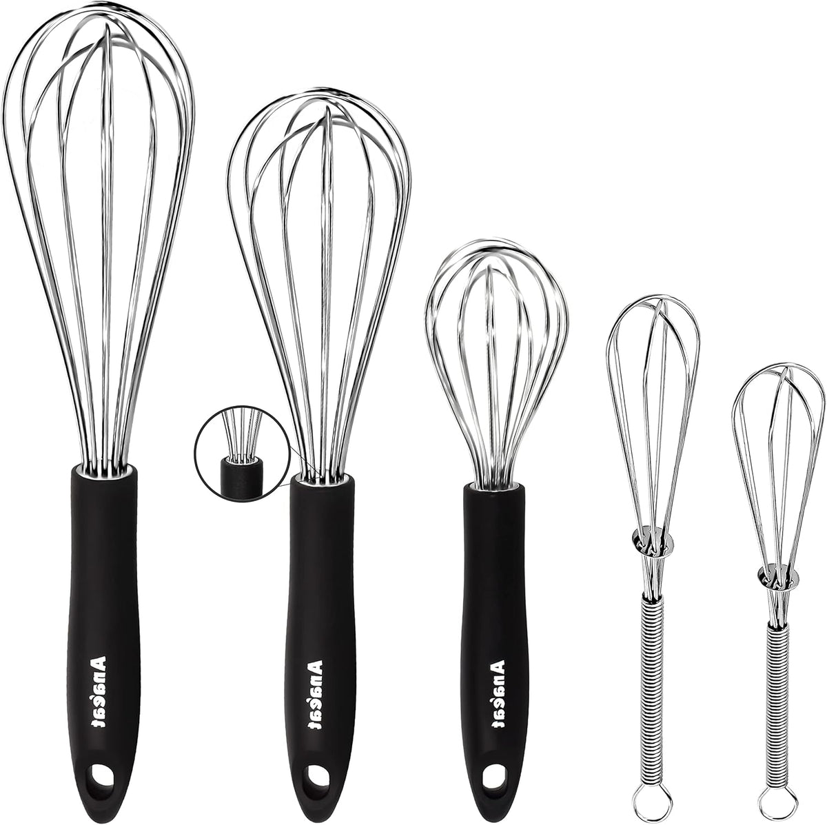 Anaeat Stainless Steel Kitchen Whisk Set of 5, Milk and Egg Beater Blender with Thick Wire for Whisking, Cooking, Baking, Beating and Stirring - 5"+7" Mini Whisk and 8.5''+10.5''+12'' Balloon Whisks