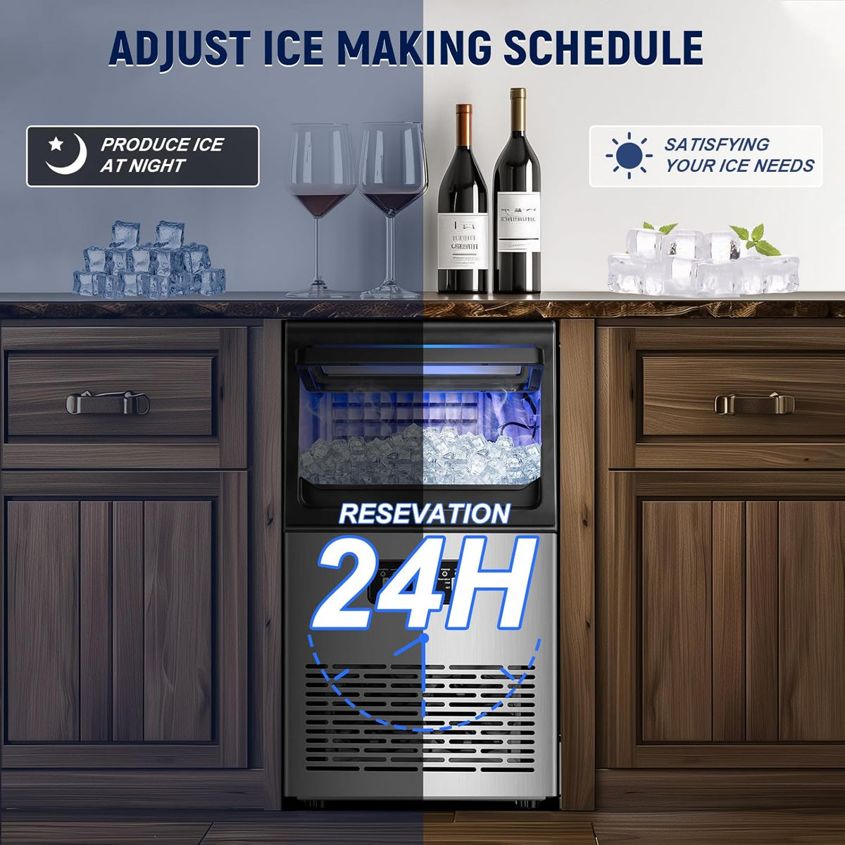 100LBS/24H High Output - Commercial Ice Maker with 20LBS Storage Bin - Dual Water Inlets, 36 Ice Cubes/Cycle, 15" Compact Undercounter/Freestanding Design - Self-Cleaning for Home Bars, Outdoor