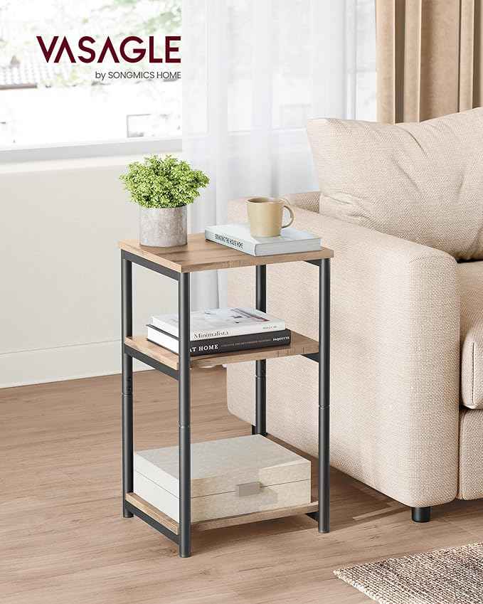 VASAGLE Side Table, Small End Table, Tall Nightstand for Living Room, Bedroom, Office, Bathroom, Camel Brown and Classic Black ULET273B50