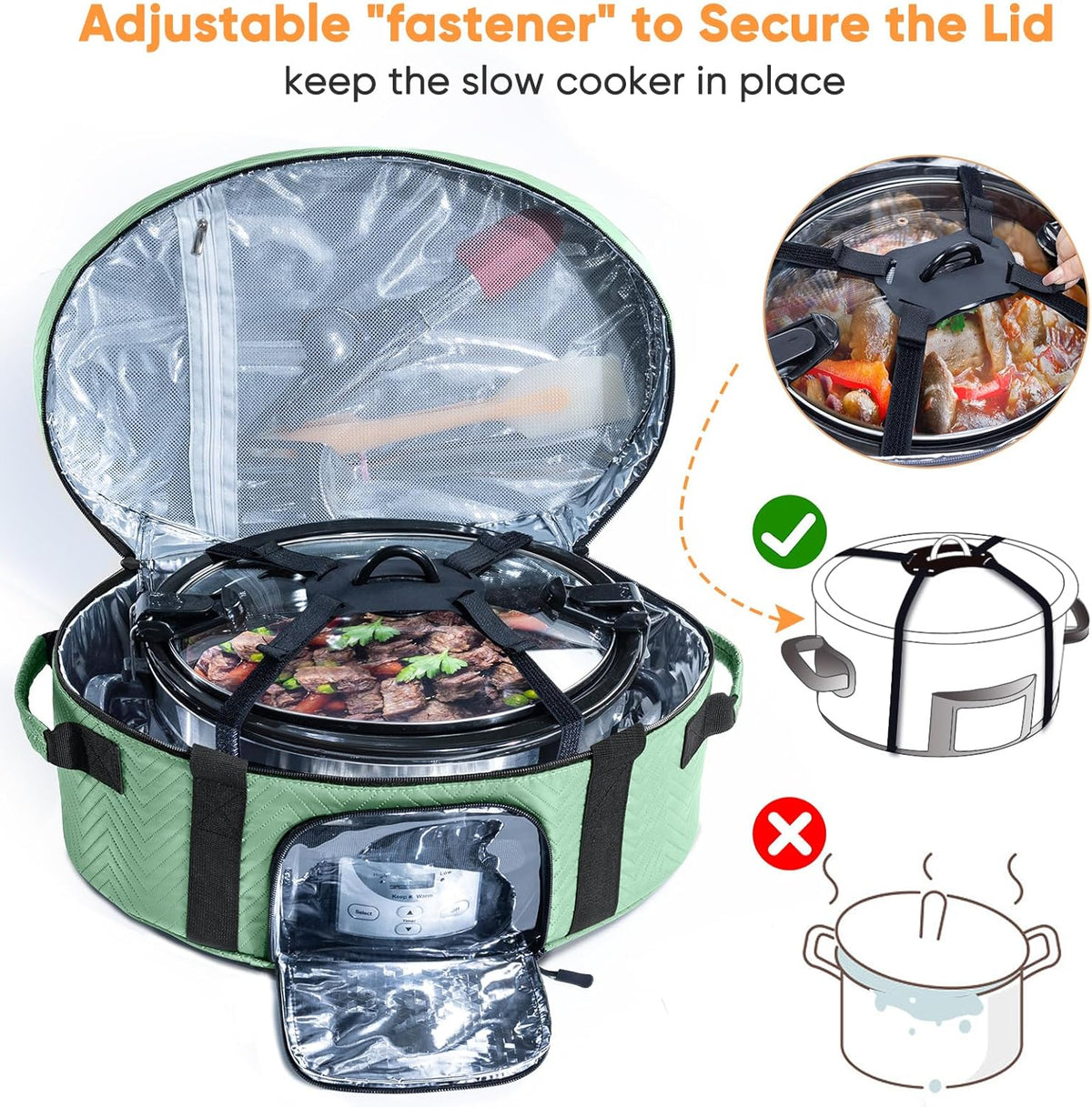 Insulated Slow Cooker Carrying Bag for 6-8 Quart CrockPot and Hamilton Beach Slow Cooker with See-thought Window, Portable Carrier Case with Adjustable Band and Accessory Pocket