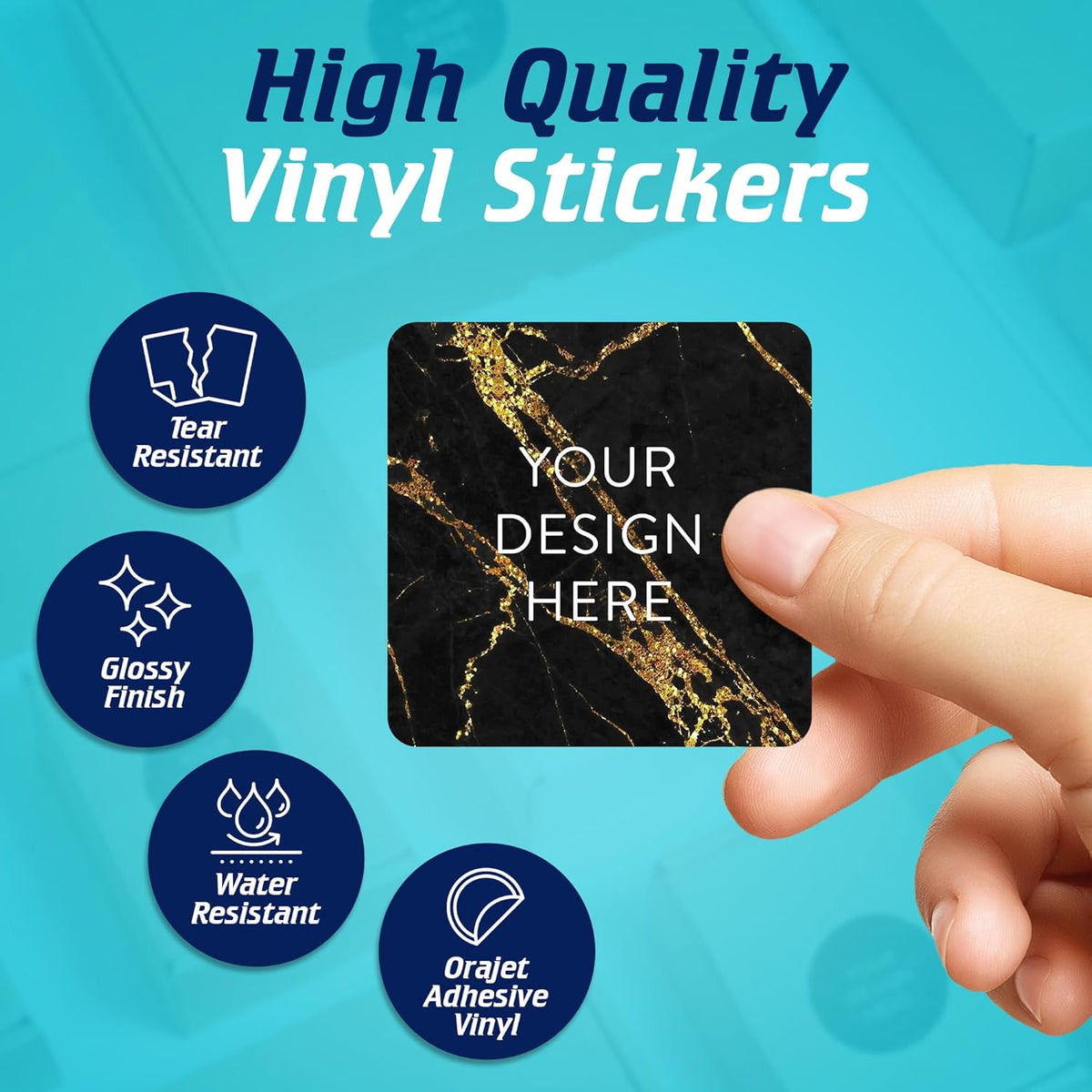 100 Custom Vinyl Stickers - Upload Your own Image, Text, Design, Logo - Personalized Logo Labels for Handmade, Packaging, Bottle, Jars, Candle, Brand Stickers (Black Gold Marble, 1.5x1.5 Square)