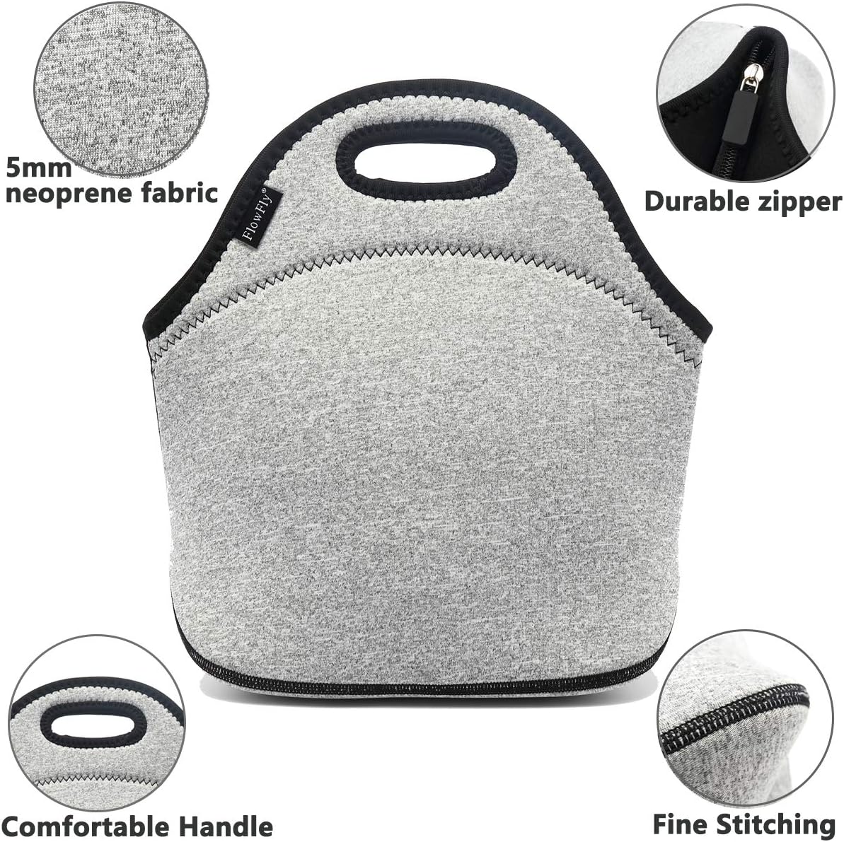 FlowFly Neoprene kids Lunch box Insulated Soft Bag Mini Cooler Thermal Meal Tote Kit for Boys, Girls,Men,Women,School,Work, Office, Grey