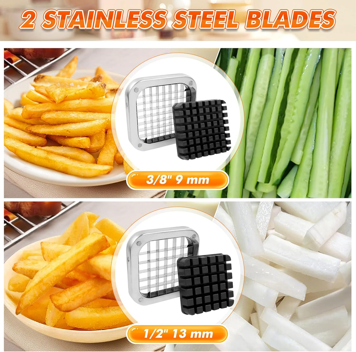 Anatole Professional French Fry Cutter Stainless Steel with 3/8'' 1/2'' Blades Manual Potato Slicer Veggie Chopper Homestyle Dicer for Onions Carrots Cucumbers