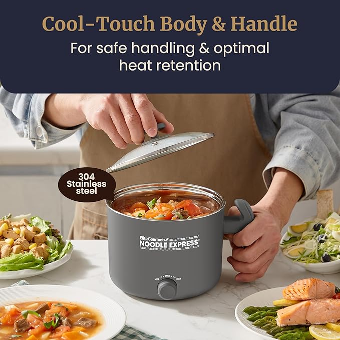 Elite Gourmet NOODLE EXPRESS™ Hot Pot, Prepare Ramen, Rice, Soups, Stews, Boil Water, Stainless-Steel Interior, Glass Lid, High/Low/Off Settings, Grey