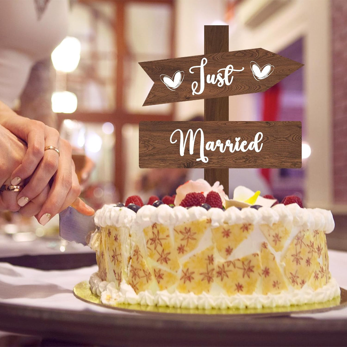Just Married Cake Topper Rustic Wedding Cake Topper Double-Sided Wood Cake Toppers 7.48'' x 5.12'' Wedding Cake Decoration