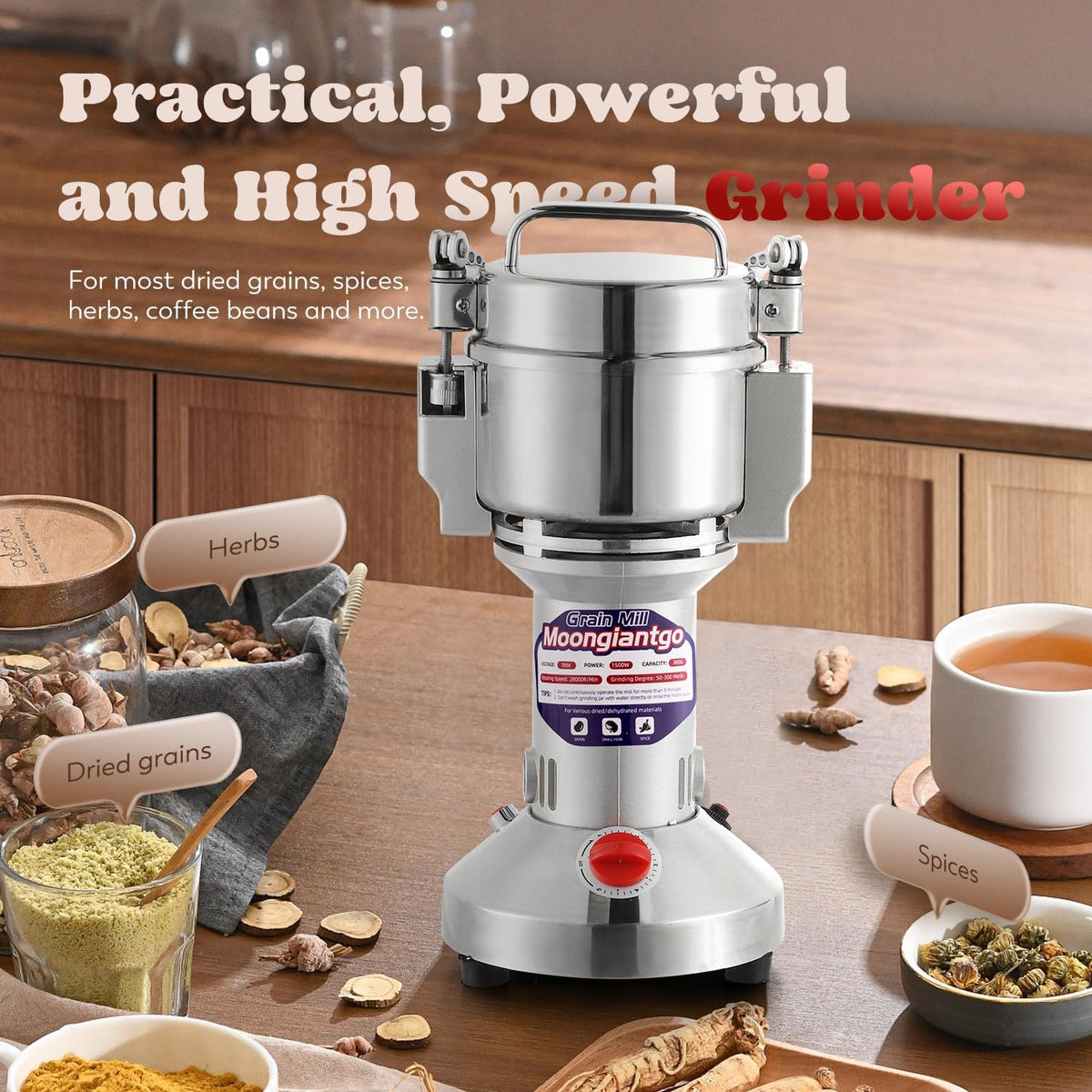 Moongiantgo Grain Mill Grinder Electric 700g Commercial Spice Grinder 2500W Stainless Steel Pulverizer Dry Grinding Machine for Wheat Corn Rice Pepper Herbs Coffee Beans (700g Upright, 110V)