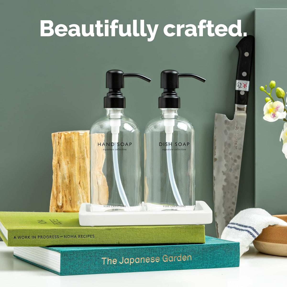 Vine Creations Glass Soap Dispenser Set, Kitchen Soap Dispenser Set with Ceramic Tray, 16 oz Dish Soap and Hand Soap Dispensers with Stainless Steel Pump Decor (Clear Bottle/Matte Black)