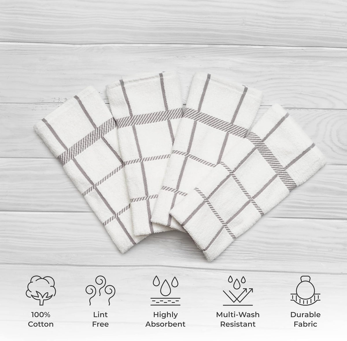 100% Cotton Terry Dish Towels, 4 Pack Checks, 16 x26 Inches, Super Soft and Absorbent Kitchen Towels, Perfect for Kitchen Cleaning and Dish Washing | Light Gray