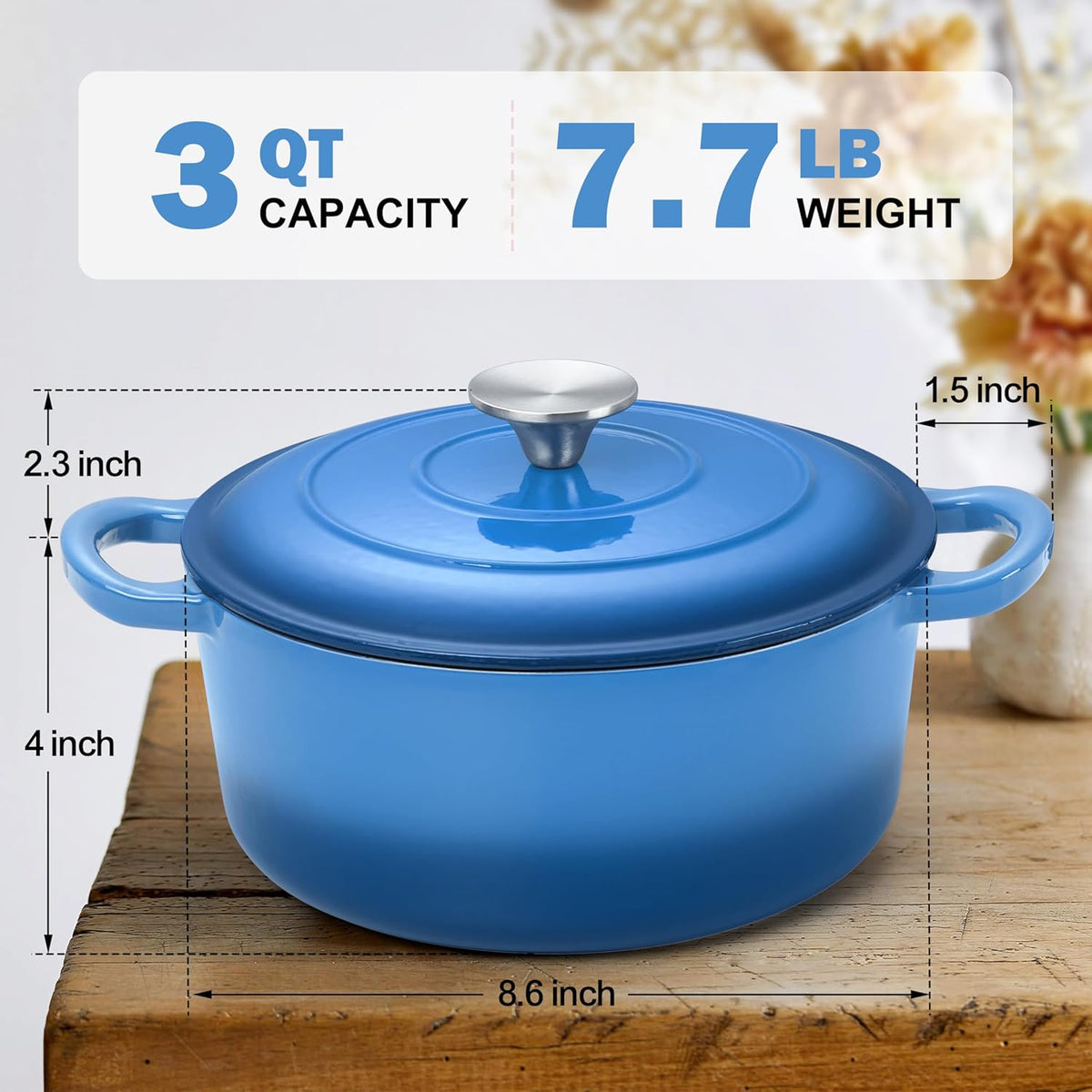 Small 3 Quart Dutch Oven, HaSteeL Round Cast Iron Cooking Pot with Lid, Nonstick Enameled Cookware for Sourdough Bread Baking Roasting Stewing Braising Frying, Heavy Duty & Oven Safe 500℉, Blue