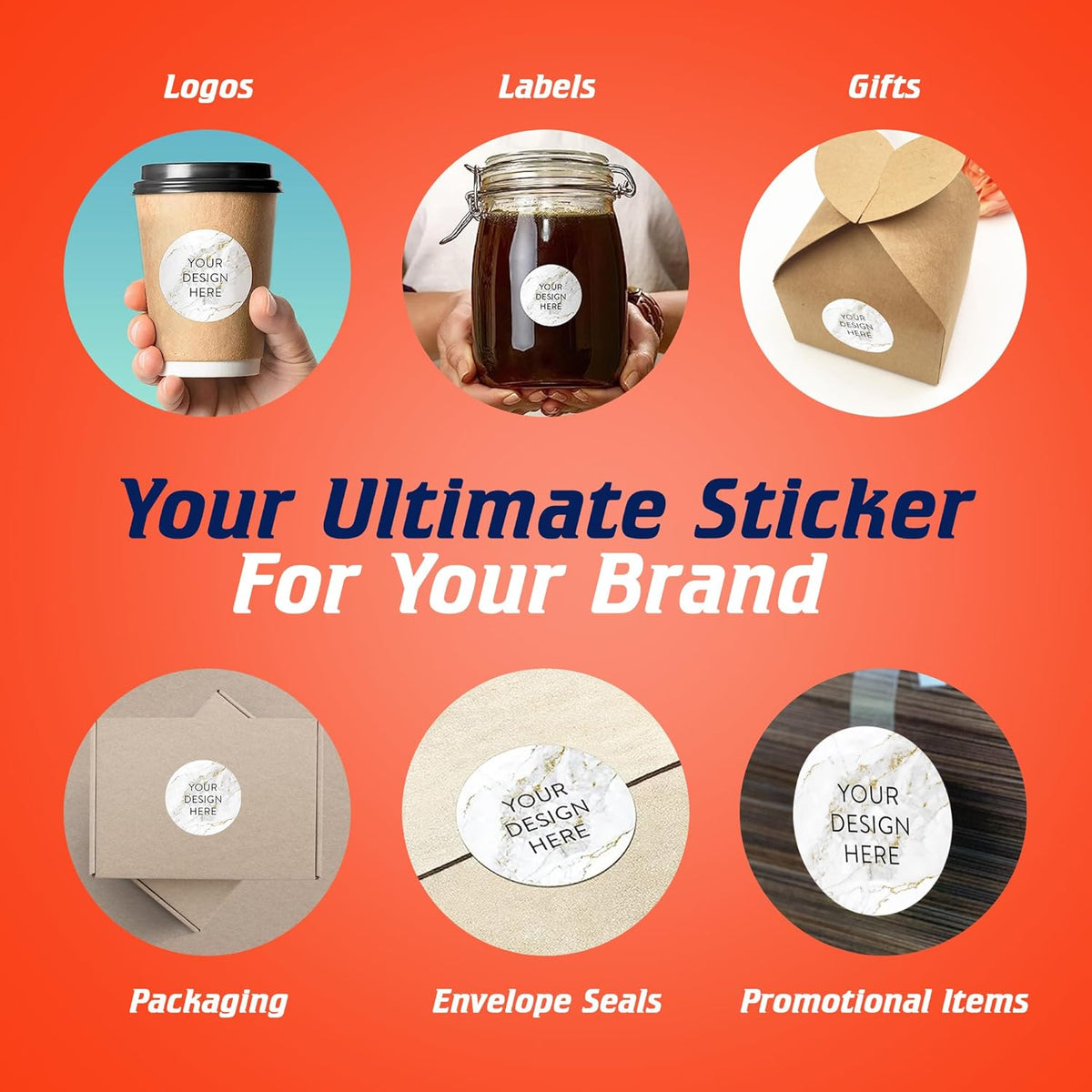 100 Custom Vinyl Stickers - Upload Your own Image, Text, Design, Logo - Personalized Logo Labels for Handmade, Packaging, Bottle, Jars, Candle, Brand Stickers (Gold Marble, 1.5x1.5)