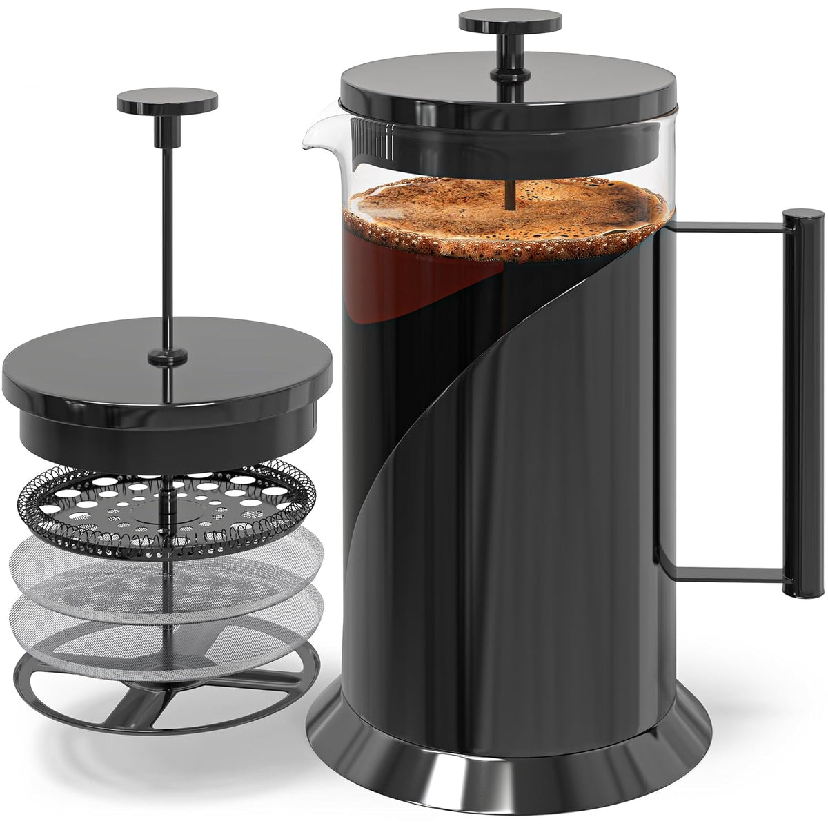 Cafe Du Chateau Stainless Steel French Press Coffee Maker - 34oz Insulated Coffee Press with 4-Level Filtration, BPA Free, Durable Glass, Great for Tea