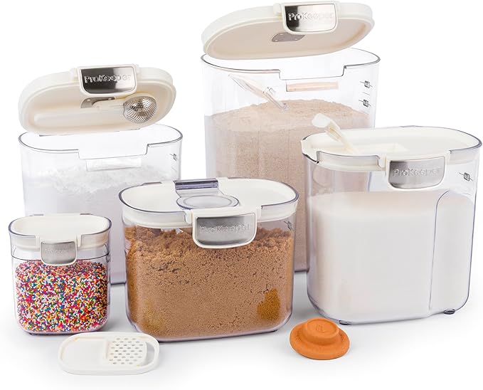ProKeeper+ Airtight Food Storage Container Set – Clear Plastic Flour and Sugar Canister Set with Magnetic Accessories for Kitchen Organization (White, 9-Piece)