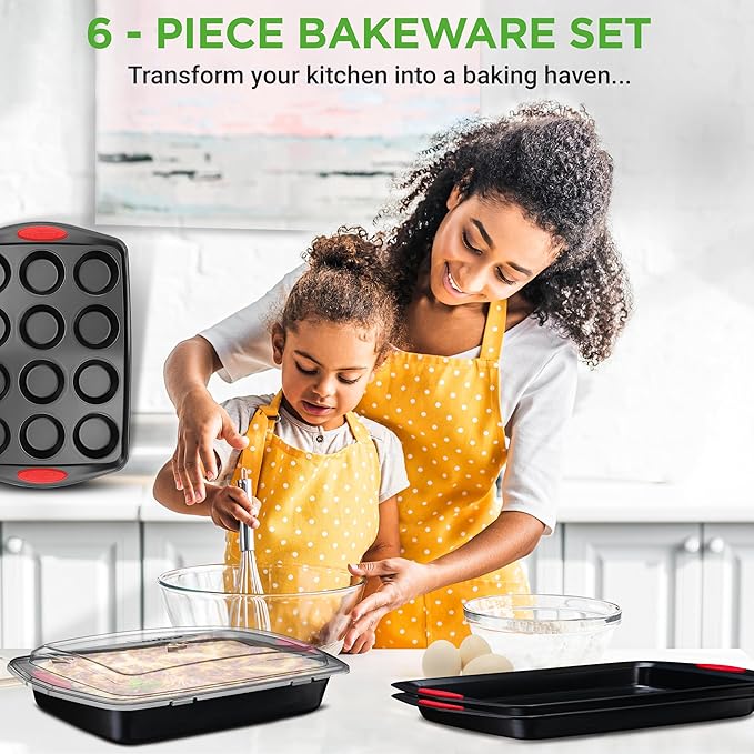 NutriChef 6-Piece Baking Pan Set - PFOA, PFOS, PTFE Free Flexible Nonstick Black Coating Carbon Steel Bakeware - Professional Home Kitchen Bake Cookie Sheet Stackable Tray w/Red Silicone Handles