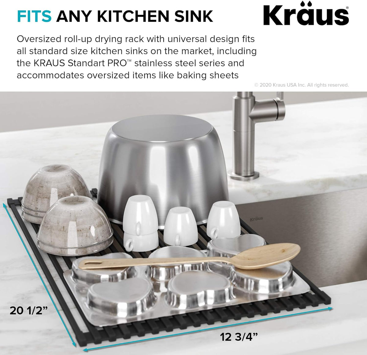 Kraus Multipurpose Over-Sink Roll-Up Dish Drying Rack, Colander and Trivet in Light Grey, KRM-10GREY