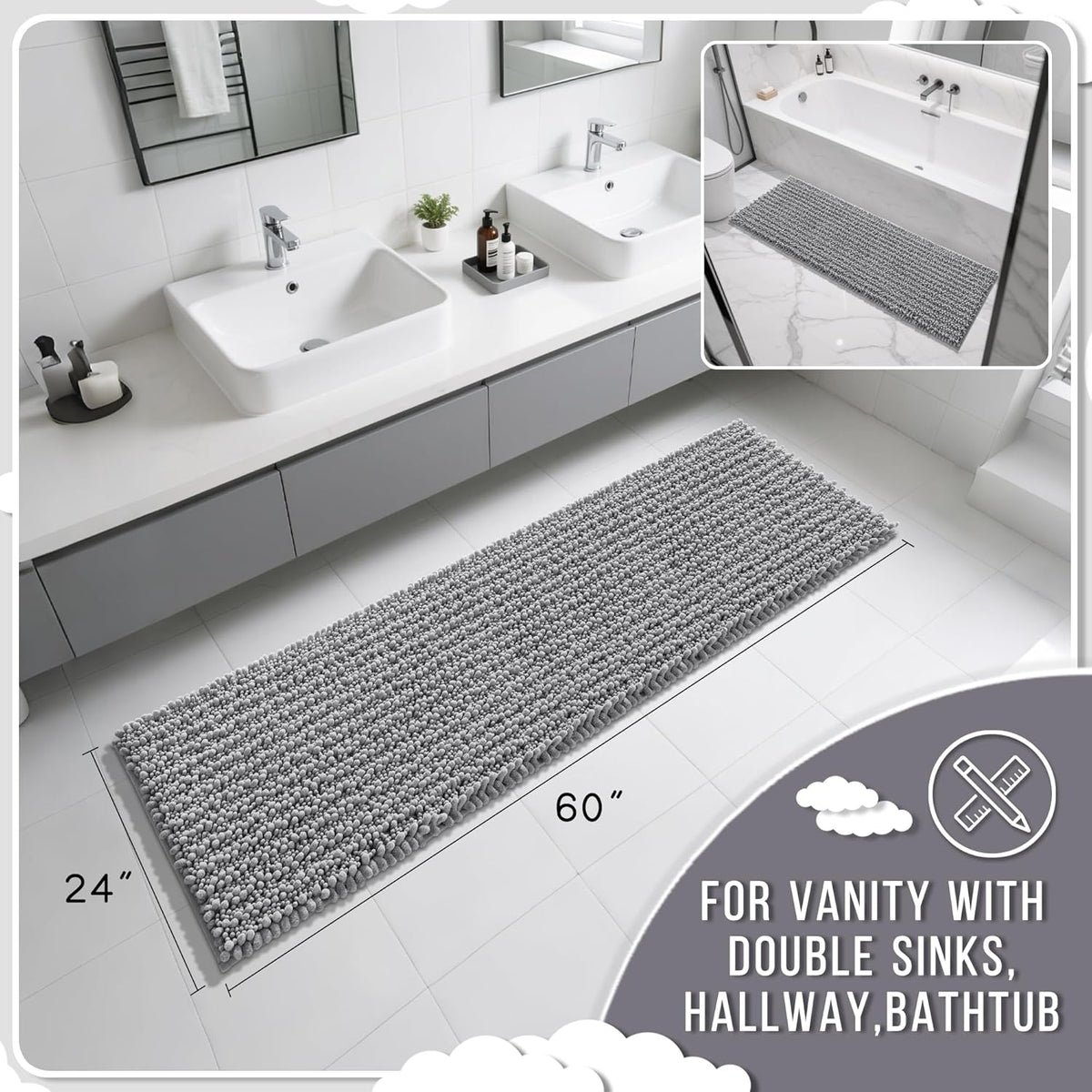 Yimobra Bathroom Runner Rug 60x24 Inch - Extra Long Non Slip Chenille Bath Mat, Soft & Absorbent, Machine Washable Shaggy Hallway Carpet for Vanity Tub Shower, Gray Home Decor Accessories